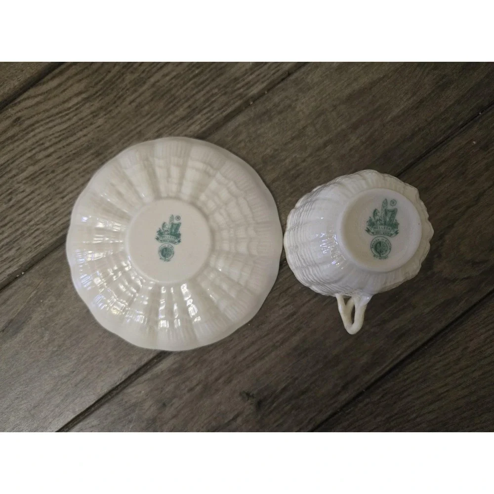 Vintage Belleek Ireland Limpet Pattern Tea Cup & Saucer Set 6th green mark